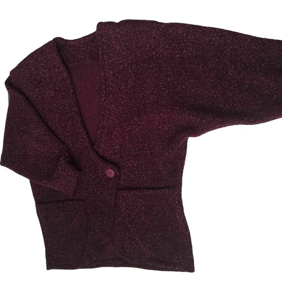 Burgundy Chunky Woven Jacket Women XL One Button 2 Large Pockets Shoulder Pads - Picture 9 of 9